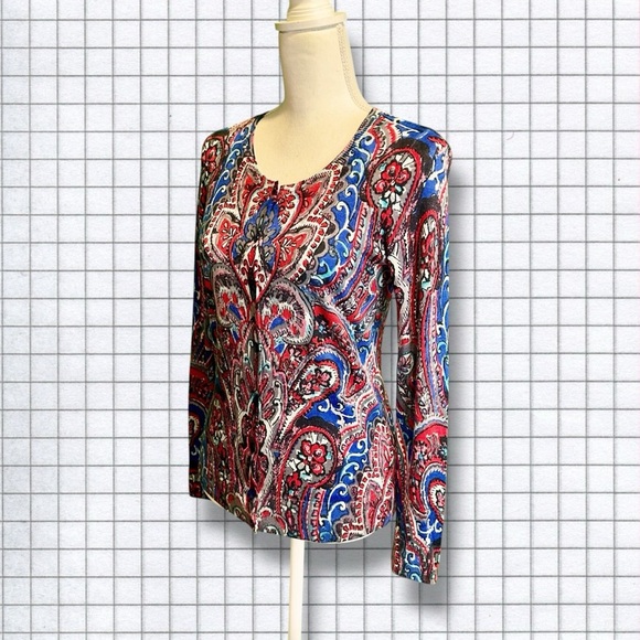 Talbots 100% Merino Wool Blue & Red Multicolor Brushed Paisley Cardigan Size S - Picture 5 of 12